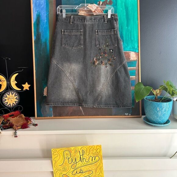 Tristan & Iseut Embroidered A-Line Denim Skirt 29" M - Picture 2 of 16